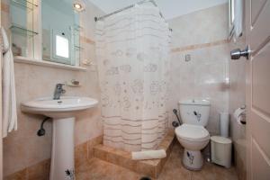 a bathroom with a sink and a toilet and a shower curtain at Contaratos Holiday Lettings 3 in Livadi