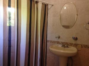 a bathroom with a sink and a shower curtain at Brisas 54632 in Monterrey