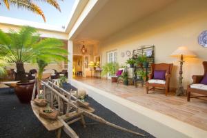 プエルト・カレロにあるVilla Milaのたくさんの家具や植物が並ぶリビングルーム