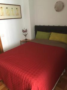 ein Bett mit einer roten Bettdecke darauf in einem Zimmer in der Unterkunft Estudio Edificio Emblemático Primera Línea in Puerto de la Cruz