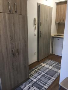 a kitchen with wooden cabinets and a rug on the floor at Studio apartment Sisters3 in Ljubljana