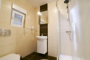 a bathroom with a shower and a toilet and a sink at Pod Muzami in Rewal +16 photos