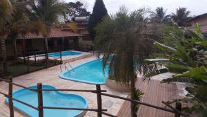 una piscina en un patio con palmeras en Pousada Aldeia das Flores, en Olímpia