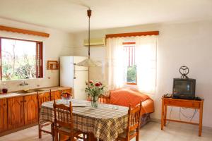 cocina y comedor con mesa y TV en Pelagion II Sea Coral - Beachfront holiday home en Kipseli