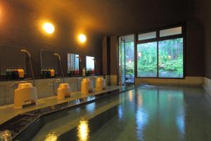 a bathroom with a swimming pool with sinks and mirrors at Hotel Natural Garden Nikko in Nikko