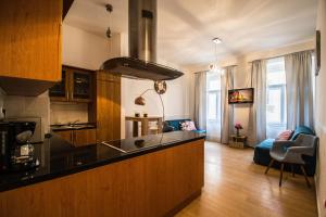 プラハにあるRiverside Ruterra Apartmentのキッチン(カウンタートップ付)、リビングルーム