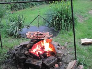 a pan of meat cooking over a fire at Tavi Vendégház in Szentgotthárd