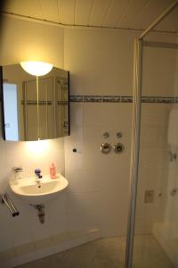 a bathroom with a sink and a shower with a mirror at Ferienappartments Schleswig in Schleswig