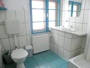 a white bathroom with a toilet and a sink at Rustic House in Stana de Vale +48 photos