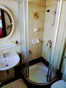 een badkamer met een douche en een wastafel bij Mosers Pension in Villach