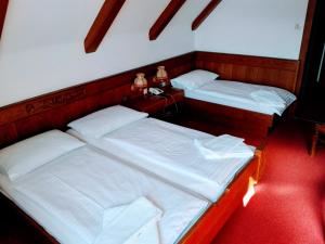 two twin beds in a room with a red floor at Mosers Pension in Villach