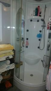 a shower with a glass door in a bathroom at Villa Tatiana in Kyparissia