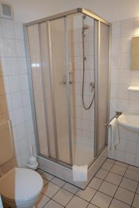 a bathroom with a shower with a toilet and a sink at Hotel Ratsstuben in Rehden