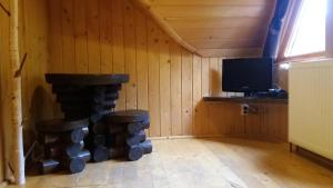 a room with a television and a room with logs at Rustic House in Stana de Vale