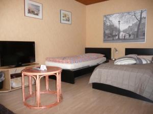 a room with two beds and a tv and a table at Haus Weschke in Hofheim am Taunus