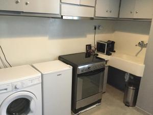 una pequeña cocina con lavadora y fregadero en Cozy flat in Tinos, en Tinos