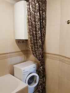 オデッサにあるApartment on Skvortsova 4aのバスルーム(洗濯機、シャワーカーテン付)