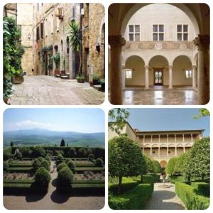 four pictures of a building and a garden at La Corte Antica in Pienza