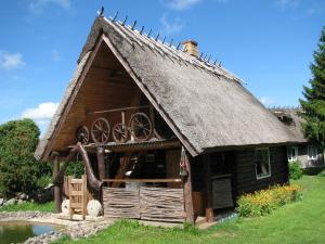 a small house with a thatched roof and a pond at Kadariku Tourism Farm in Sakla +44 photos
