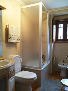 a bathroom with a toilet and a sink and a shower at Casa de São Sebastião in Manteigas +20 photos