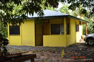 una casa amarilla con un coche aparcado delante de ella en Casita Amarilla, en Cahuita