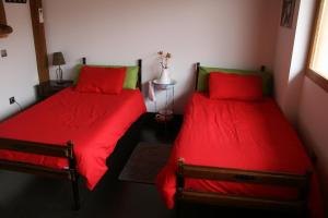 2 camas en una habitación con sábanas rojas y almohadas verdes en Casa Rural Velliza, en Velliza