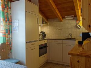 een keuken met een koelkast en een fornuis top oven bij Tgaplotta - mit Lademöglichkeit Elektroauto in Savognin