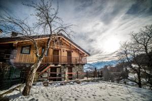 drewniany domek na śniegu z drzewem w obiekcie Eco Chalet Maison Dominique w mieście Challand Saint Anselme