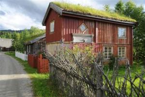 a red house with a grass roof on a street at Saga Trollheimen Hotel in Rindal