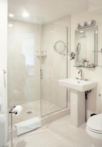a bathroom with a shower, sink, and toilet at Bricco Suites in Boston