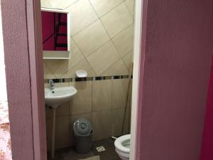 a bathroom with a sink and a toilet and a mirror at Fariña hospedajes in Puerto Iguazú