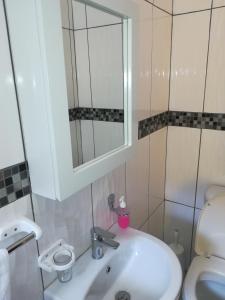 a bathroom with a sink and a toilet and a mirror at Jericho Hotel and Conferences in Thohoyandou