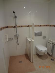 a bathroom with a toilet and a shower stall at Hotel Kensington in Narón