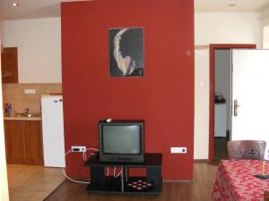 een woonkamer met een tv en een rode muur bij Palatinus Apartment in Boedapest