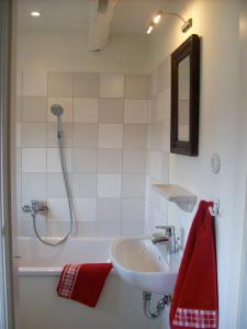 een badkamer met een wastafel en een douche met rode handdoeken bij Ferienhaus St. Johannis in Werben