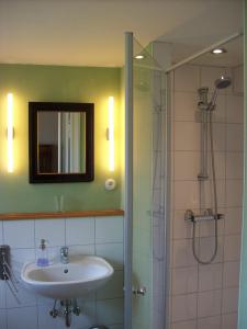 uma casa de banho com um lavatório e um chuveiro com um espelho. em Ferienhaus St. Johannis em Werben