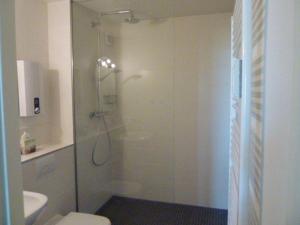 a bathroom with a shower with a toilet and a sink at Duenenhof-App-31-32-Meerseite in Wenningstedt