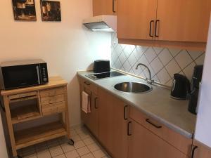 eine kleine Küche mit einer Spüle und einer Mikrowelle in der Unterkunft Steiner Strandappartements Appartement 308 Süd- Landseite in Stein