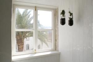 a window in a bathroom with a palm tree at Casa de Baixo in Coimbra