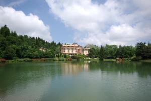 a large house sitting on top of a lake at Parco del Lago Resort & SPA in Villagrande