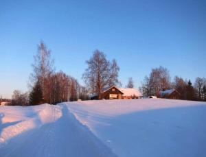 a snow covered field with a house and trees at Møyrud Inn in Ottestad