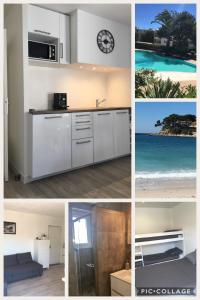 un collage di foto di una cucina e di una spiaggia di Les Hameaux de Provence - Piscine et place de Parking privée - Accès plage et sentier du littoral a Bandol