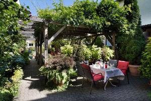 einen Tisch und Stühle unter einer Pergola im Garten in der Unterkunft Altmann's Stube in Erlangen