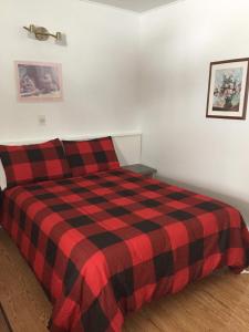 1 dormitorio con cama a cuadros roja y negra en motel Christine, en Lac-Bouchette