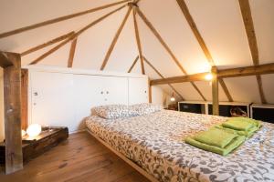 a bedroom with a bed with green pillows on it at Alfama Apartment in Lisbon