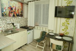 カリーニングラードにあるУютные апартаменты у Верхнего озераの小さなキッチン(シンク、テーブル付)