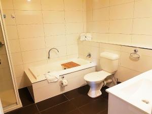 a bathroom with a toilet and a sink at The Wharf Hotel in Wynyard