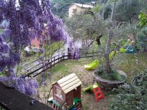 un giardino con un albero con fiori viola di Agriturismo Il Sogno a Lorsica