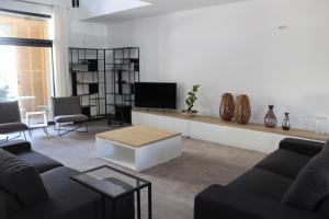 a living room with a couch and a tv at Maison Terre Ardente in Caves