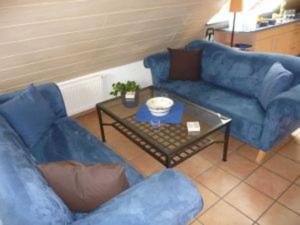 a living room with two blue couches and a table at 4_Zimmer_Ferienwohnung in Wathlingen